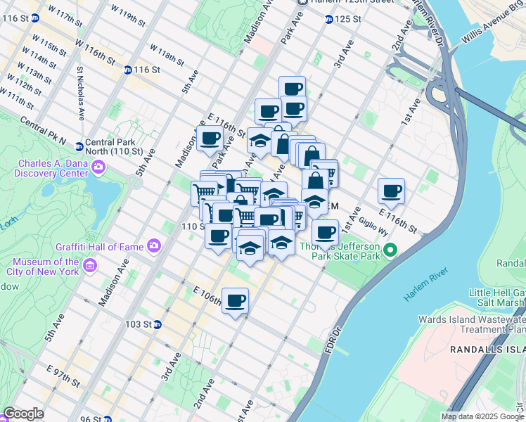 map of restaurants, bars, coffee shops, grocery stores, and more near 205 East 112th Street in New York