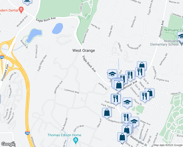 map of restaurants, bars, coffee shops, grocery stores, and more near 234 Eagle Rock Avenue in West Orange