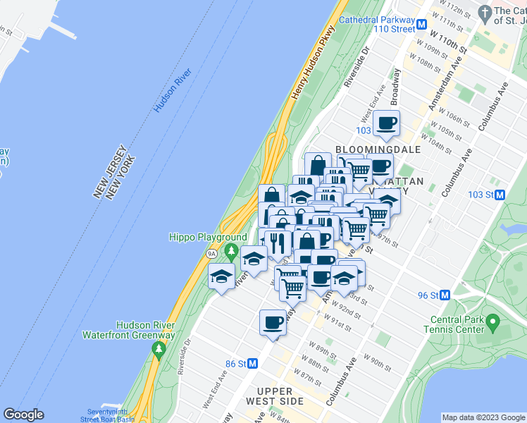 map of restaurants, bars, coffee shops, grocery stores, and more near Riverside Dr & W 95th St in New York