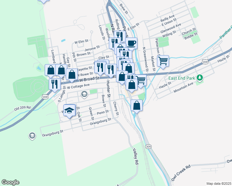 map of restaurants, bars, coffee shops, grocery stores, and more near 39 South Railroad Street in Tamaqua