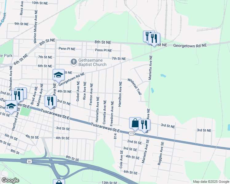 map of restaurants, bars, coffee shops, grocery stores, and more near 2505 4th St NE in Canton