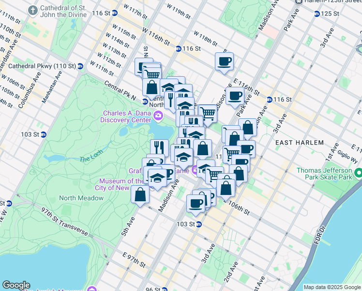 map of restaurants, bars, coffee shops, grocery stores, and more near 1271 5th Avenue in New York