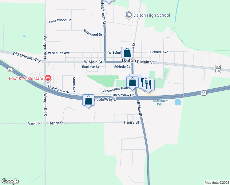 map of restaurants, bars, coffee shops, grocery stores, and more near 100 Lincolnview Drive in Dalton