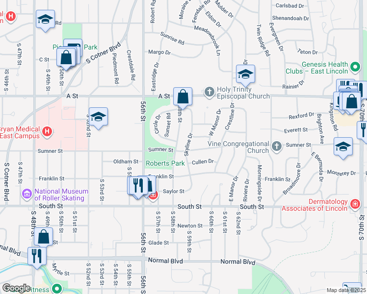 map of restaurants, bars, coffee shops, grocery stores, and more near 1635 Skyline Drive in Lincoln