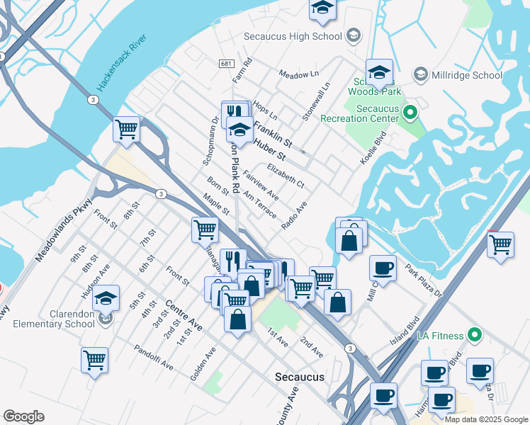 map of restaurants, bars, coffee shops, grocery stores, and more near 6 Kroll Terrace in Secaucus
