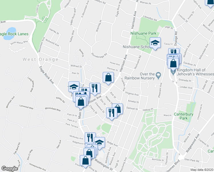 map of restaurants, bars, coffee shops, grocery stores, and more near 47 Kirk Street in West Orange
