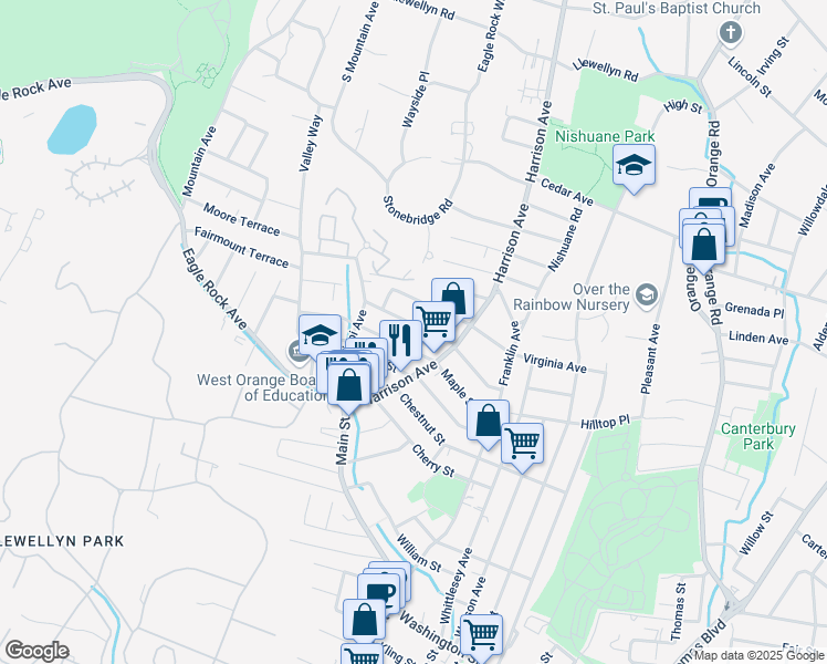 map of restaurants, bars, coffee shops, grocery stores, and more near 62 Kirk St in West Orange