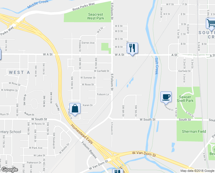map of restaurants, bars, coffee shops, grocery stores, and more near 1801 South Folsom Street in Lincoln