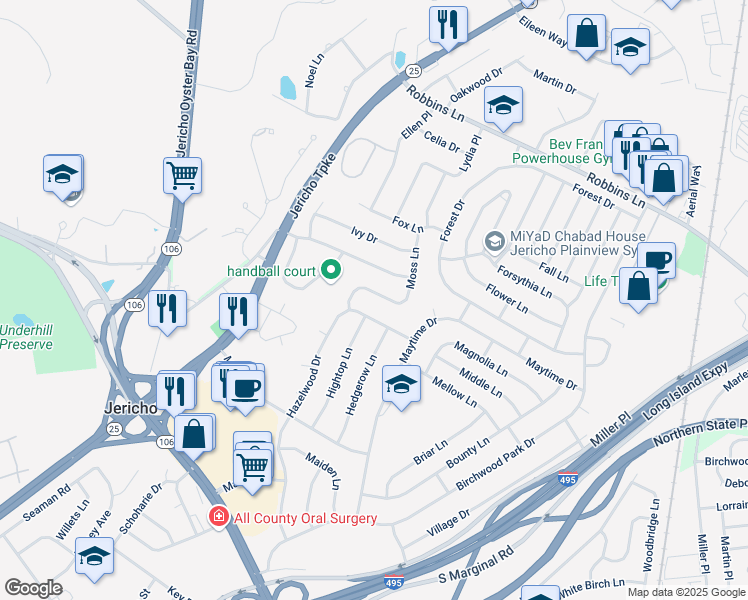map of restaurants, bars, coffee shops, grocery stores, and more near 123 Hazelwood Drive in Jericho