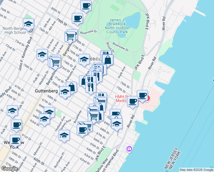 map of restaurants, bars, coffee shops, grocery stores, and more near 118 74th Street in North Bergen