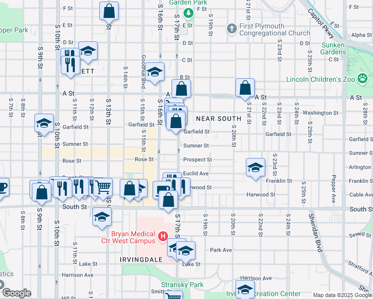 map of restaurants, bars, coffee shops, grocery stores, and more near 1719 Sumner Street in Lincoln