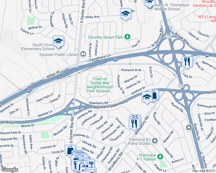 map of restaurants, bars, coffee shops, grocery stores, and more near 25 Tacoma Lane in Syosset