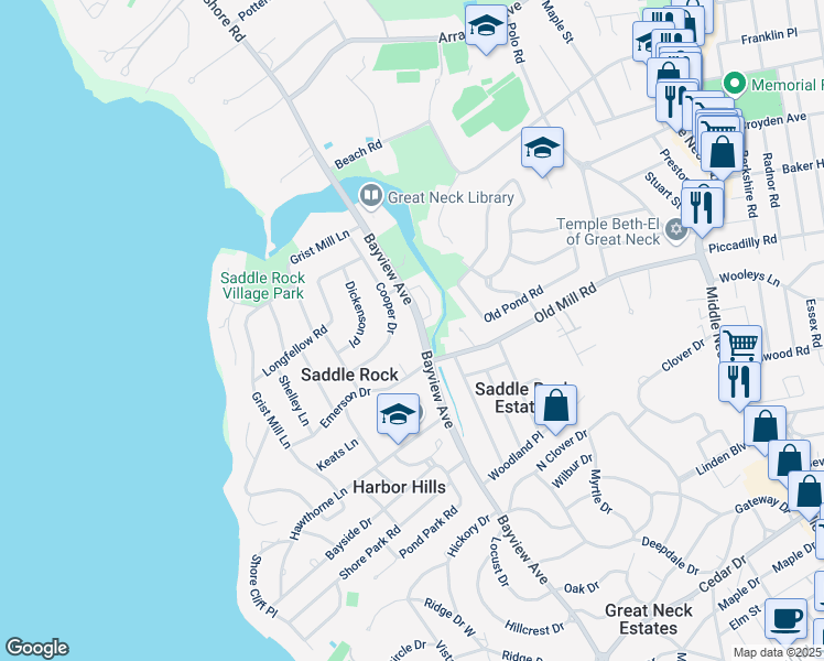 map of restaurants, bars, coffee shops, grocery stores, and more near 160 Bayview Avenue in Great Neck