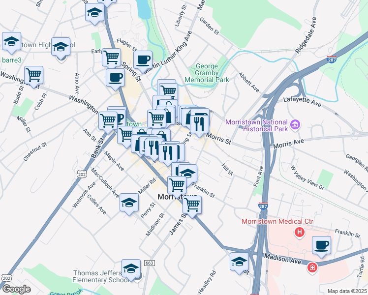 map of restaurants, bars, coffee shops, grocery stores, and more near 22 King Street in Morristown