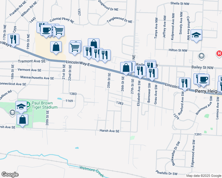 map of restaurants, bars, coffee shops, grocery stores, and more near 174 25th St SE in Massillon