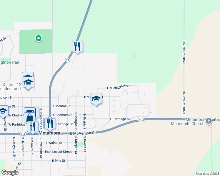 map of restaurants, bars, coffee shops, grocery stores, and more near East Michigan Avenue in Metamora