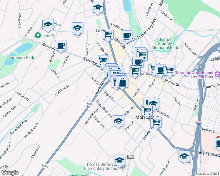 map of restaurants, bars, coffee shops, grocery stores, and more near 11 South Street in Morristown