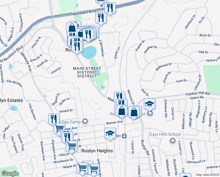 map of restaurants, bars, coffee shops, grocery stores, and more near 215 Main Street in Roslyn