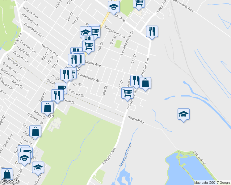 map of restaurants, bars, coffee shops, grocery stores, and more near 65 1st Street in North Arlington