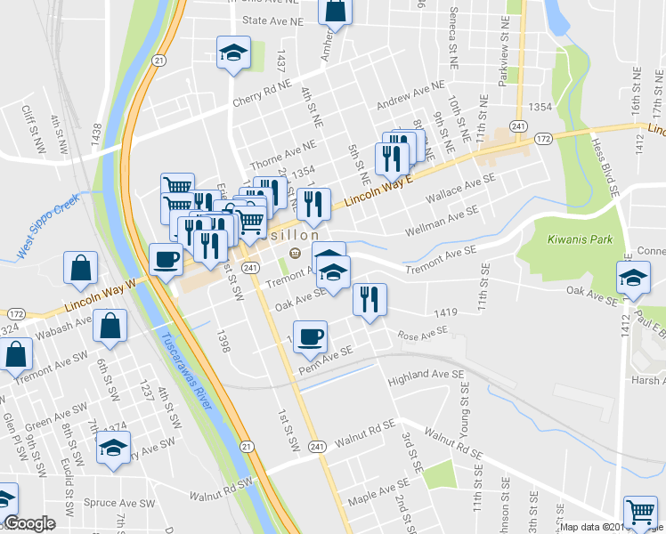 map of restaurants, bars, coffee shops, grocery stores, and more near 217 Tremont Avenue Southeast in Massillon