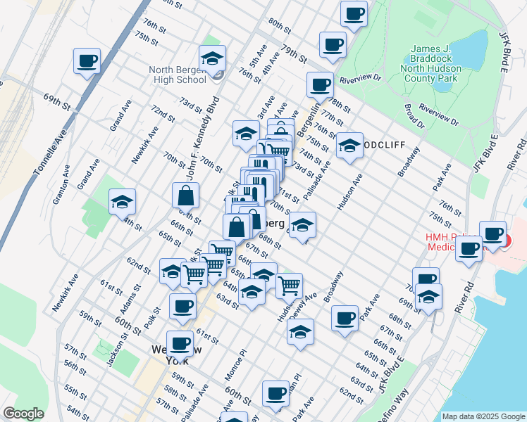 map of restaurants, bars, coffee shops, grocery stores, and more near in Guttenberg