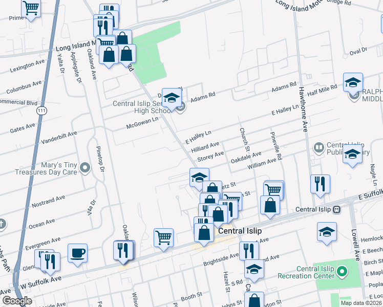 map of restaurants, bars, coffee shops, grocery stores, and more near 65 Wheeler Road in Central Islip