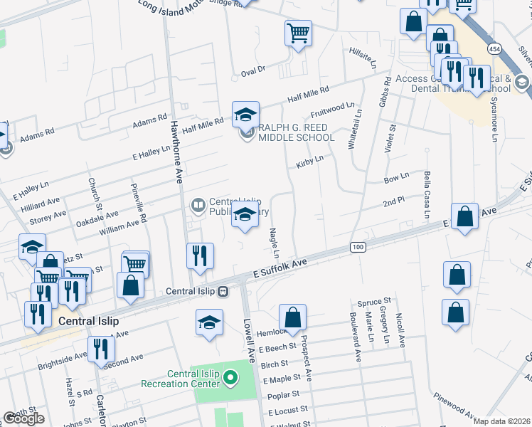 map of restaurants, bars, coffee shops, grocery stores, and more near 17 Nagle Lane in Central Islip