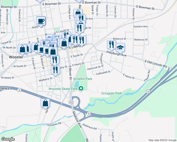 map of restaurants, bars, coffee shops, grocery stores, and more near 519 Hancock Street in Wooster