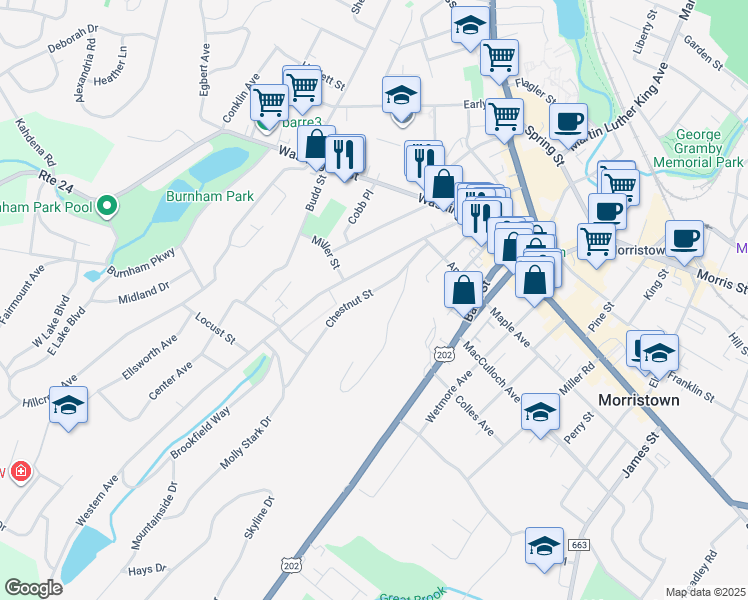 map of restaurants, bars, coffee shops, grocery stores, and more near 38 Chestnut Street in Morristown