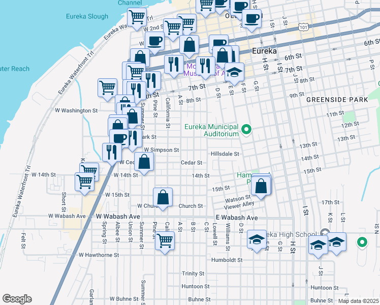 map of restaurants, bars, coffee shops, grocery stores, and more near 1204 B St in Eureka