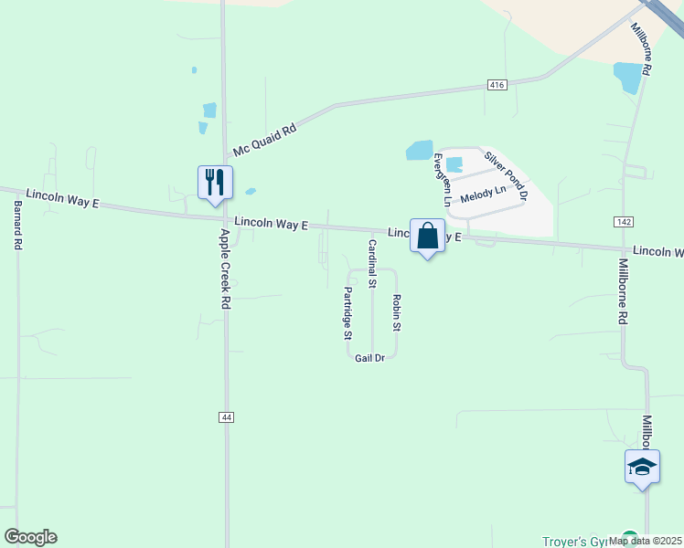 map of restaurants, bars, coffee shops, grocery stores, and more near 151 Partridge Street in Apple Creek