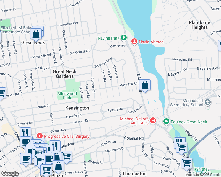 map of restaurants, bars, coffee shops, grocery stores, and more near 26 Vista Hill Road in Great Neck