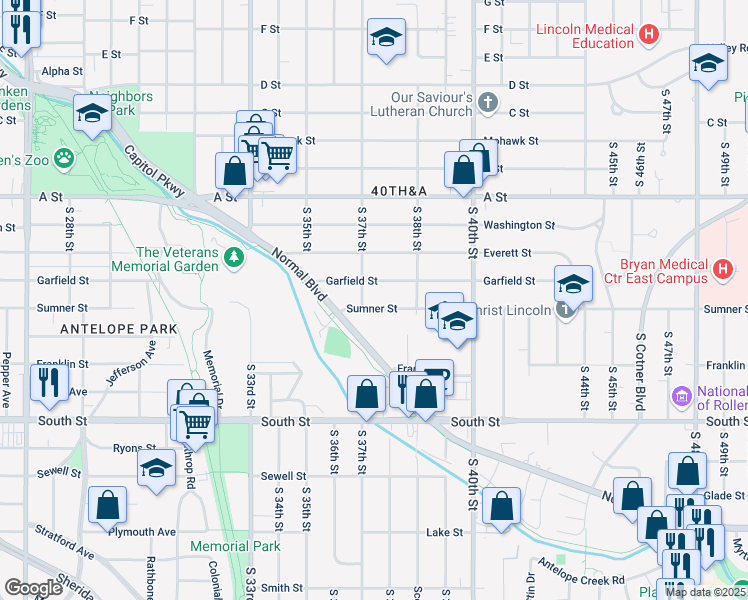 map of restaurants, bars, coffee shops, grocery stores, and more near 3730 Sumner Street in Lincoln