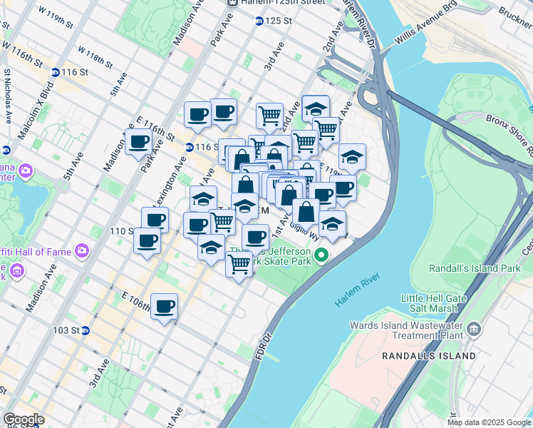 map of restaurants, bars, coffee shops, grocery stores, and more near 330 East 115th Street in New York