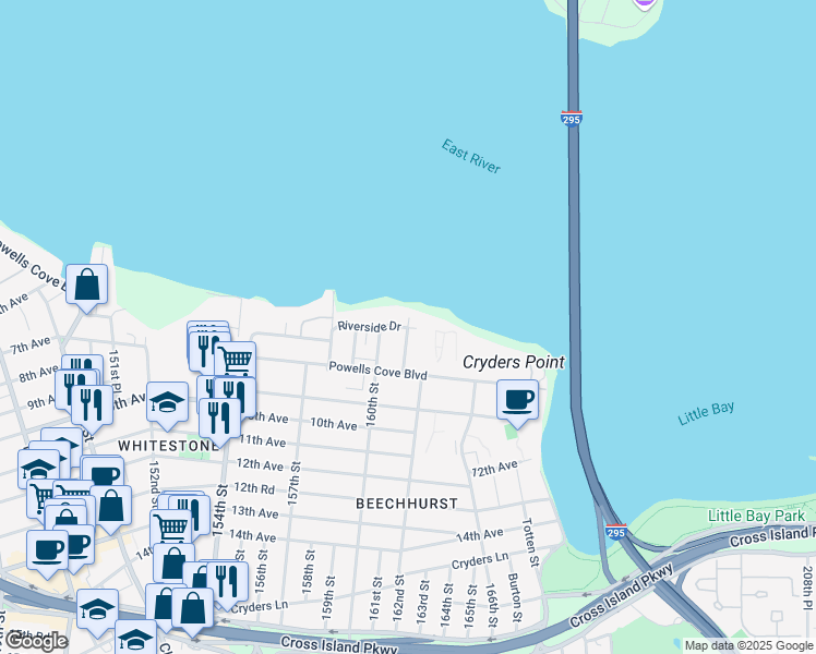map of restaurants, bars, coffee shops, grocery stores, and more near 161st St & Riverside Dr in Queens