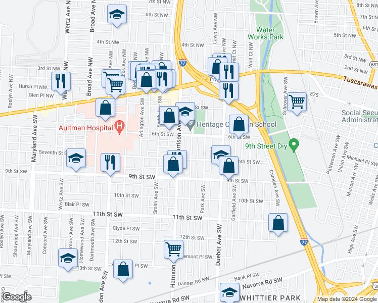 map of restaurants, bars, coffee shops, grocery stores, and more near 635 Greenfield Avenue Southwest in Canton