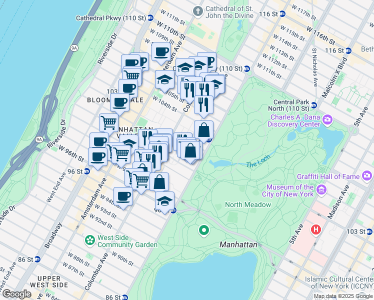 map of restaurants, bars, coffee shops, grocery stores, and more near 22 Manhattan Avenue in New York