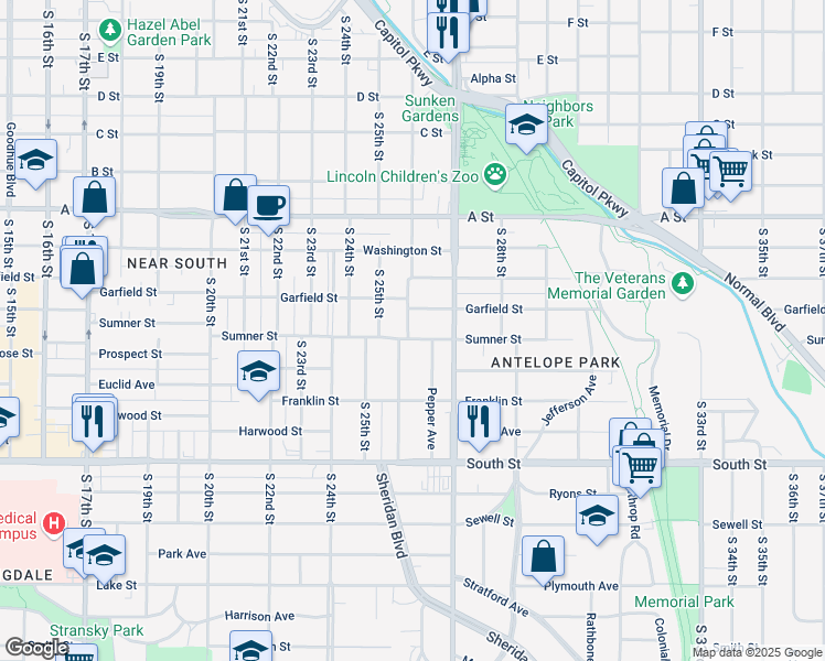 map of restaurants, bars, coffee shops, grocery stores, and more near 2600 Sumner Street in Lincoln