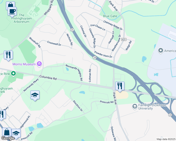 map of restaurants, bars, coffee shops, grocery stores, and more near 9 Lohman Road in Morristown