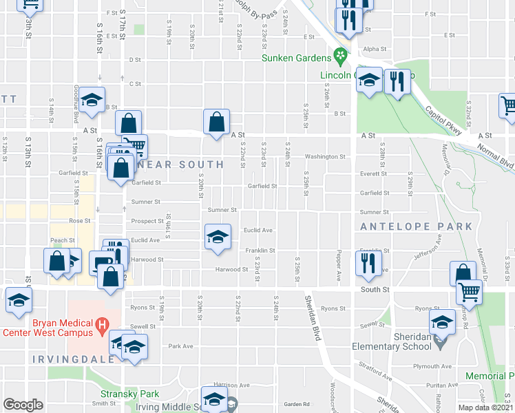 map of restaurants, bars, coffee shops, grocery stores, and more near 1651 South 23rd Street in Lincoln