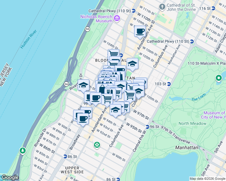 map of restaurants, bars, coffee shops, grocery stores, and more near 207 West 98th Street in New York