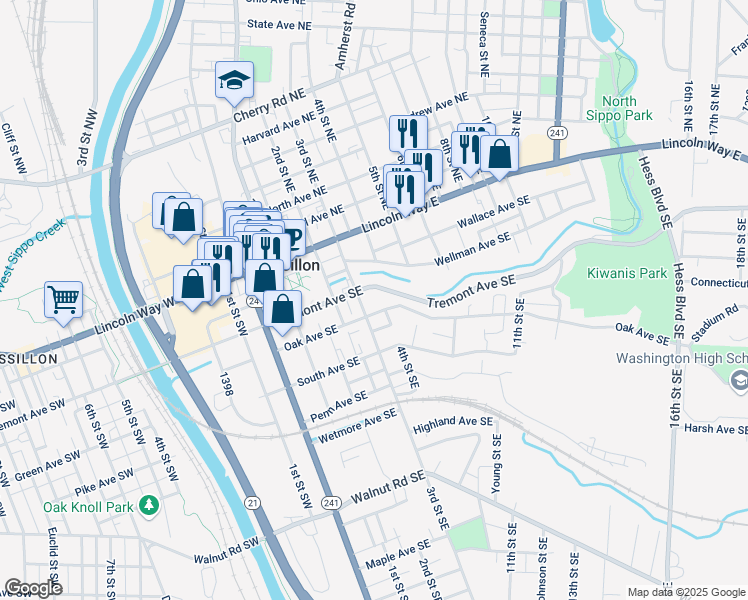 map of restaurants, bars, coffee shops, grocery stores, and more near 226 3rd Street Southeast in Massillon