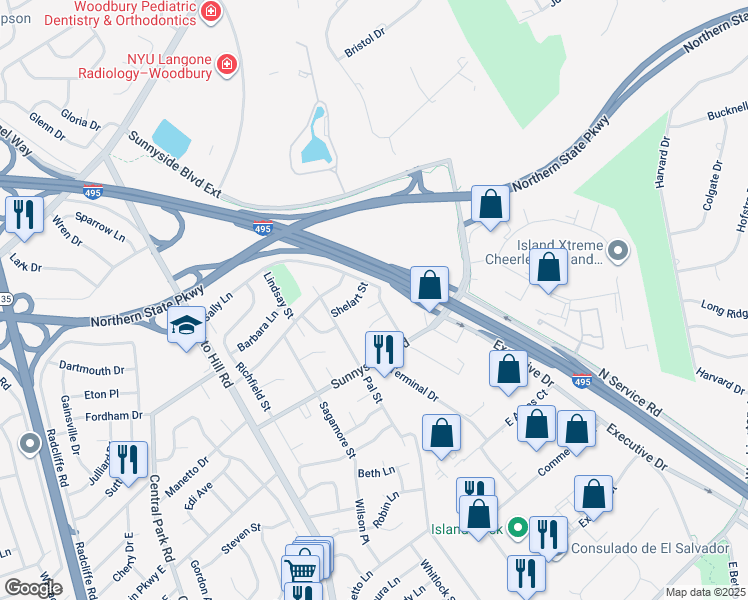 map of restaurants, bars, coffee shops, grocery stores, and more near 48 Summit Street in Plainview