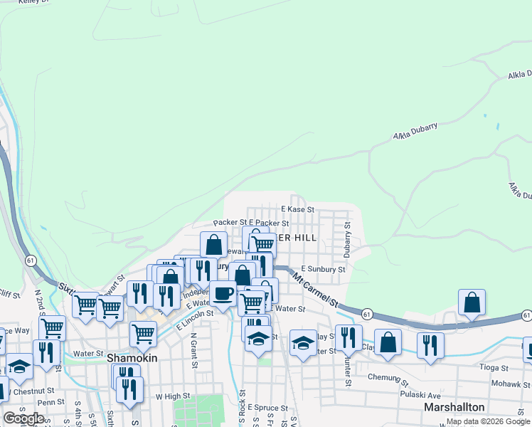 map of restaurants, bars, coffee shops, grocery stores, and more near 1101-1199 N Shamokin St in Shamokin