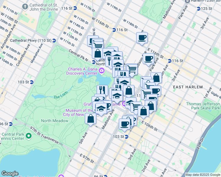 map of restaurants, bars, coffee shops, grocery stores, and more near 5th Avenue & East 108th Street in New York
