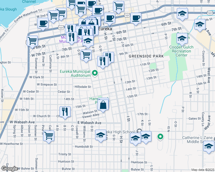map of restaurants, bars, coffee shops, grocery stores, and more near G Street & 13th Street in Eureka