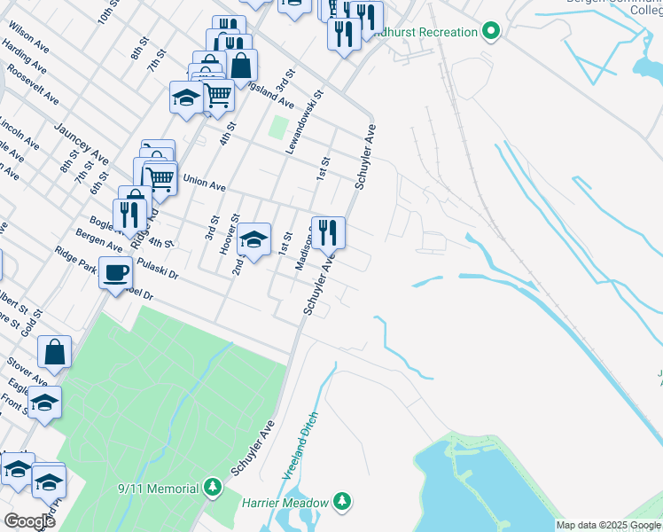 map of restaurants, bars, coffee shops, grocery stores, and more near 612 Schuyler Avenue in North Arlington