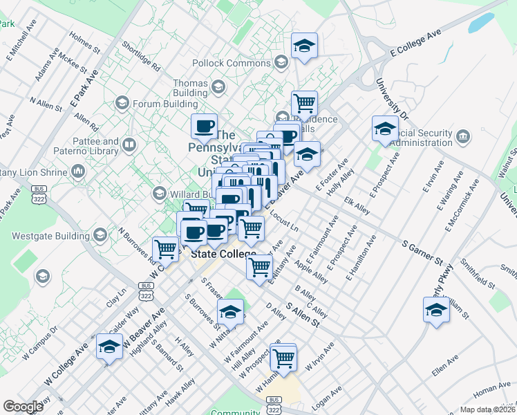 map of restaurants, bars, coffee shops, grocery stores, and more near 211 East Beaver Avenue in State College