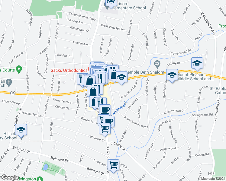 map of restaurants, bars, coffee shops, grocery stores, and more near 19 Sherbrooke Parkway in Livingston