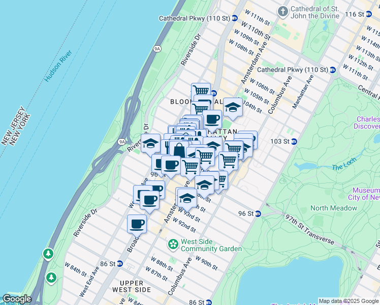 map of restaurants, bars, coffee shops, grocery stores, and more near 218 West 98th Street in New York